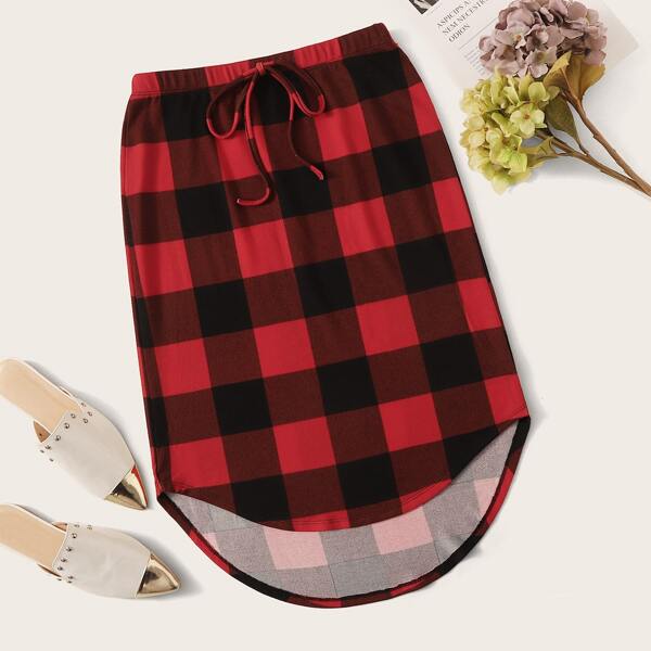 

Drawstring Waist Asymmetrical Curved Hem Gingham Skirt, Multicolor