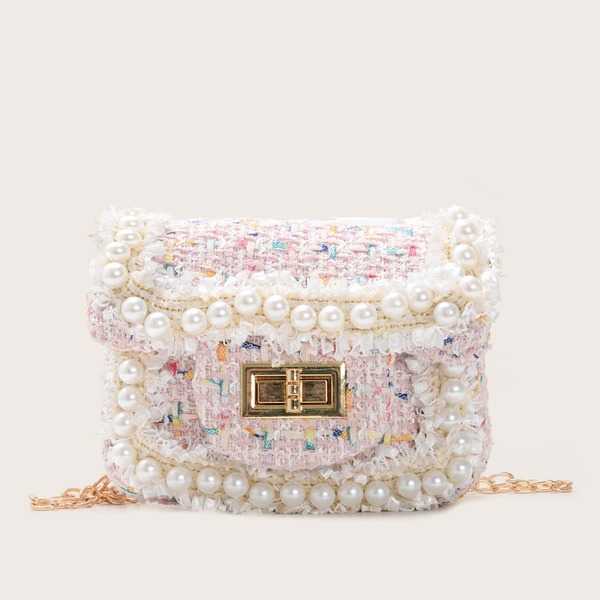 

Girls Faux Pearl Decor Tweed Chain Bag, Multicolor
