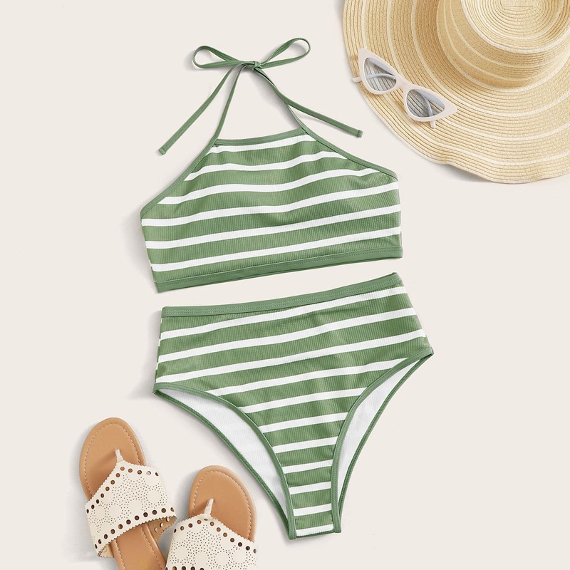

Rib Striped Halter Top With High Waist Bikini, Green