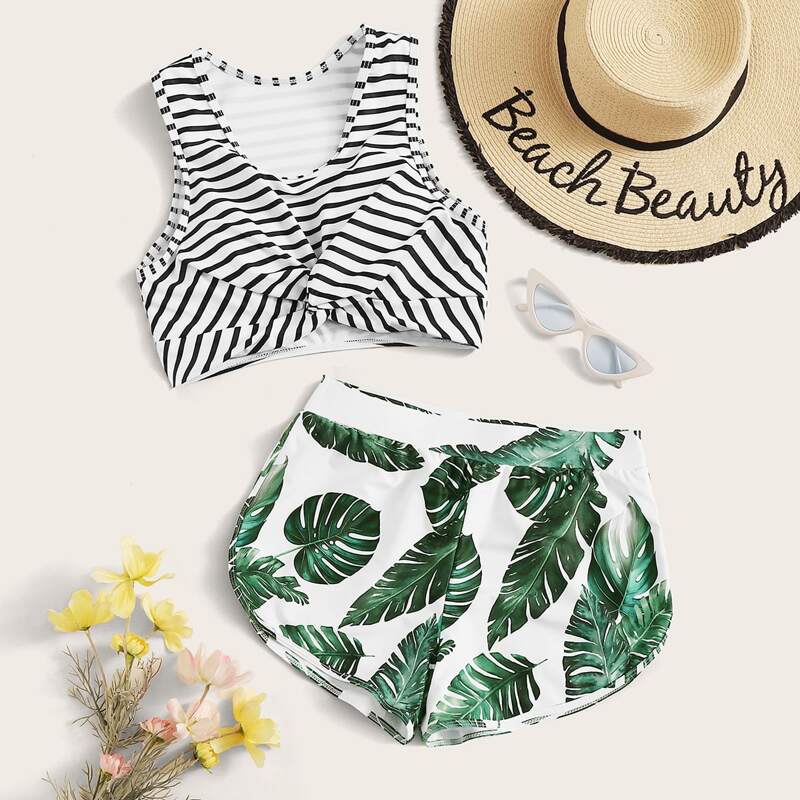 

Striped Twist Top With Palm Shortie Bikini Set, Multicolor