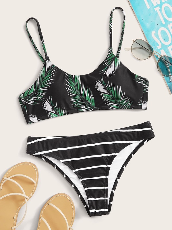 

Palm & Striped Random Print Bikini Set, Black, Hanna