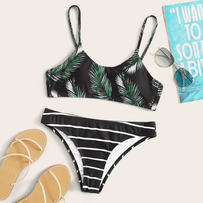 

Palm & Striped Random Print Bikini Set, Black