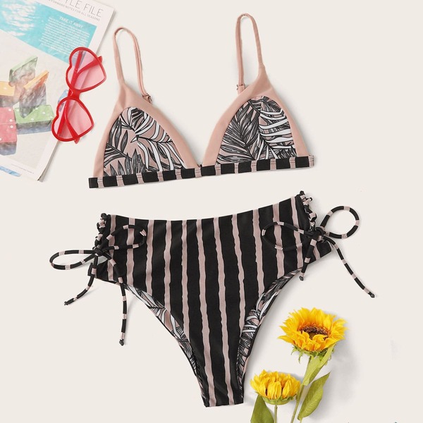 

Palm Random Print Triangle Top With High Waist Bikini, Multicolor