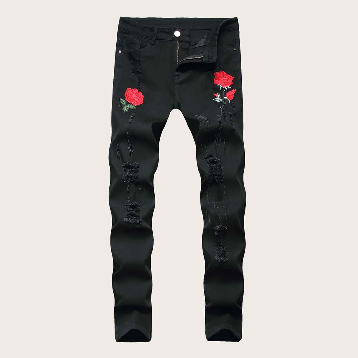 

Guys Rose Embroidery Ripped Skinny Jeans, Black