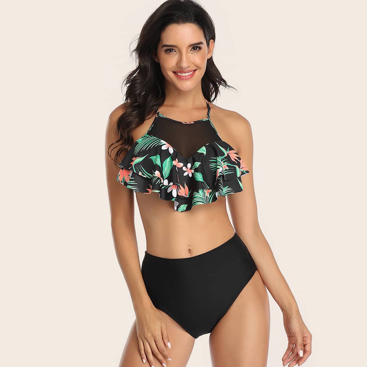 

Tropical Tiered Layer Top With High Waisted Bikini, Multicolor