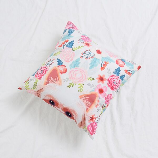 

Flower & Dog Print Cushion Cover, Multicolor