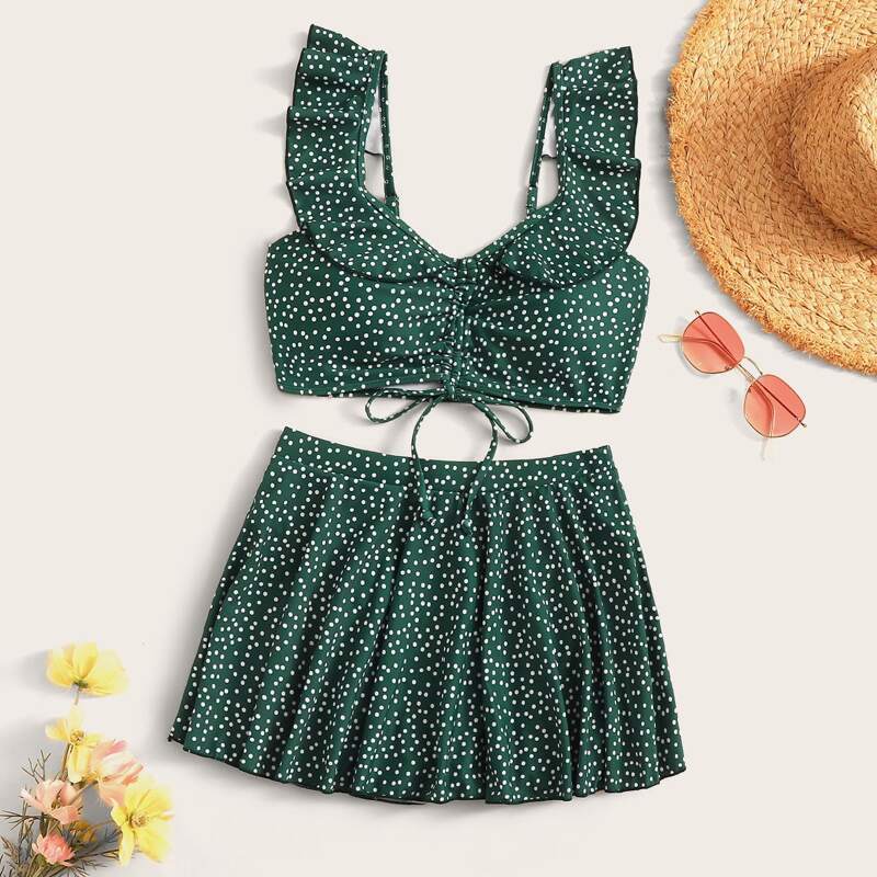 

Polka Dot Ruffle Trim Top With Skorts 2pcs Swimsuit, Green