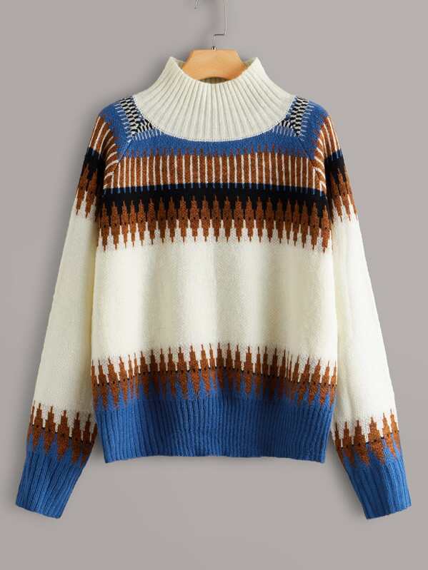 

Plus Mock Neck Raglan Sleeve Tribal Pattern Sweater, Multicolor