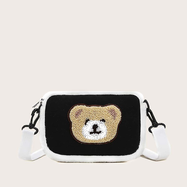 

Girls Bear Patch Decor Crossbody Bag, Black