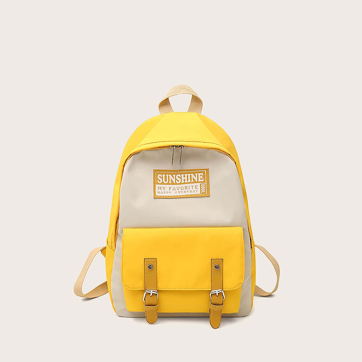 

Color Block Double Buckle Strap Front Backpack, Yellow