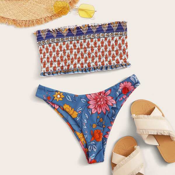 

Floral Print Smocked Bandeau With High Cut Bikini, Multicolor