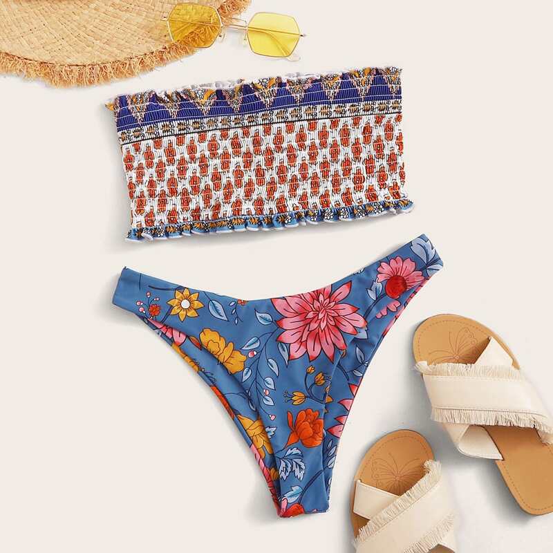 

Floral Print Smocked Bandeau With High Cut Bikini, Multicolor