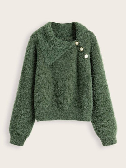 Oblique Button Mohair Fuzzy Sweater