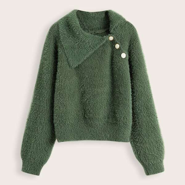 

Oblique Button Mohair Fuzzy Sweater, Army green