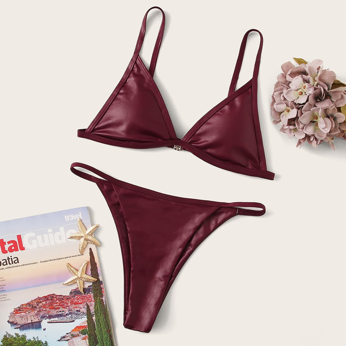 

PU Triangle Top With Thong Bikini Set, Burgundy