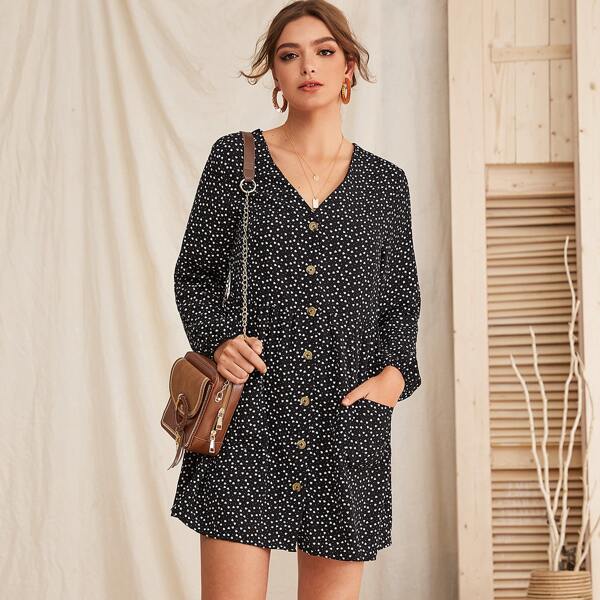 

Polka Dot Print Button Up Dress, Black and white