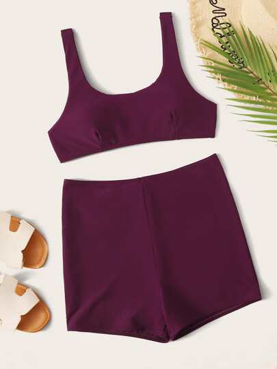 Solid Top With Shortie Bikini Set