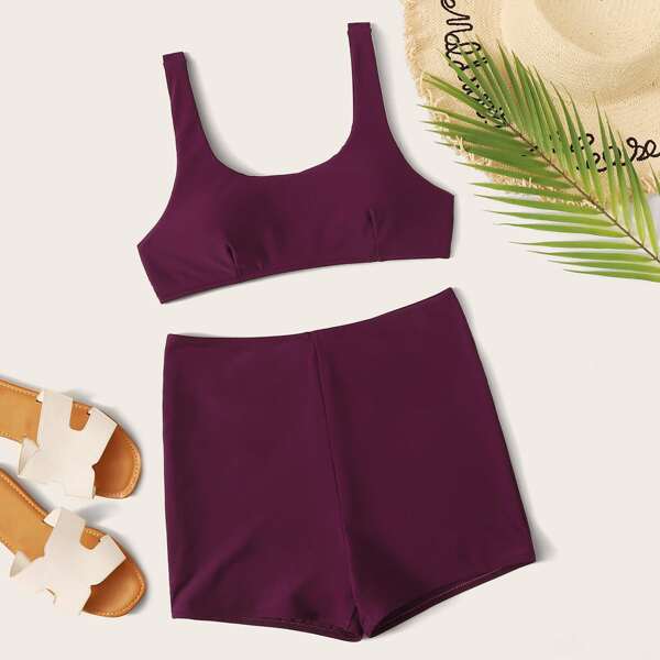 

Solid Top With Shortie Bikini Set, Burgundy