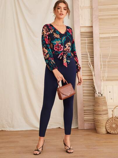 Floral Print Tie Waist Jumpsuit
