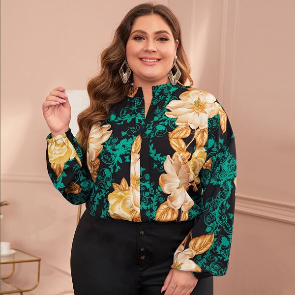 

Plus Floral Print Notch Neck Blouse, Multicolor