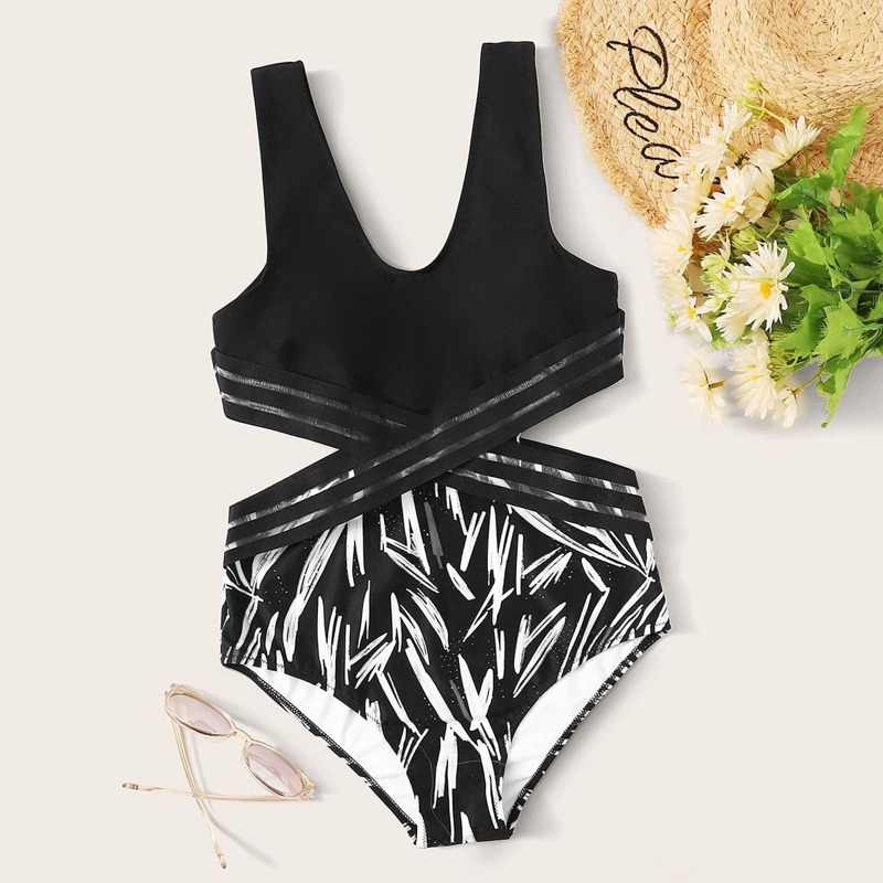 

Graphic Contrast Mesh Criss Cross One Piece Swimwear, Black