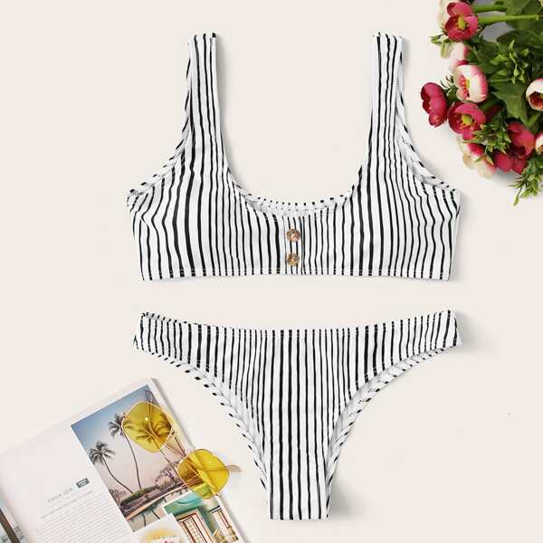 

Striped Button-up Top With Panty Bikini Set, Black and white