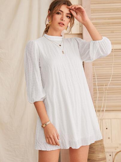 Lantern Sleeve Mock Neck Chiffon Tunic Dress