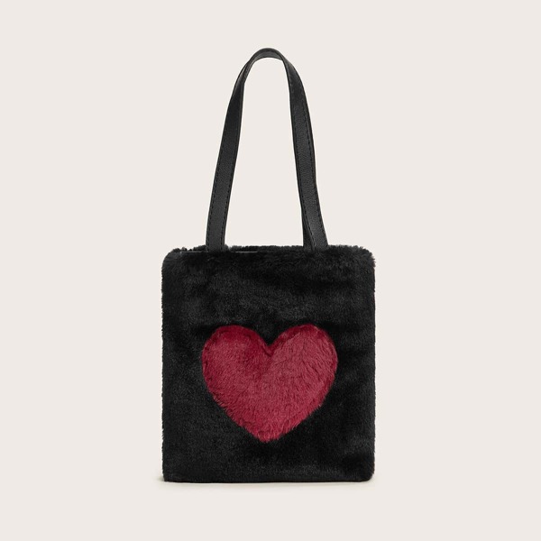 

Heart Graphic Fluffy Tote Bag, Black