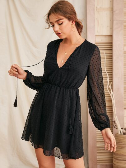 Tie Neck Swiss Dot Dress