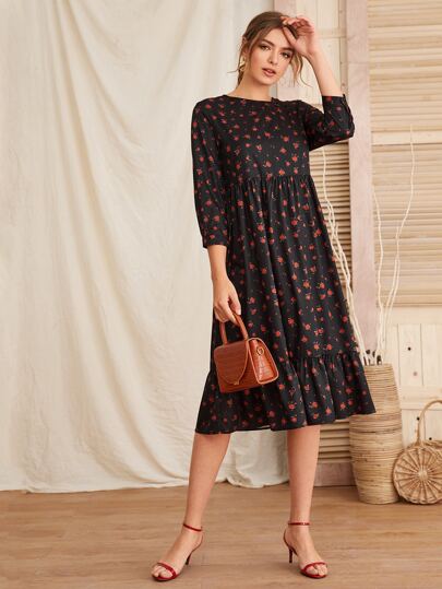 Rose Print Ruffle Hem Smock Dress