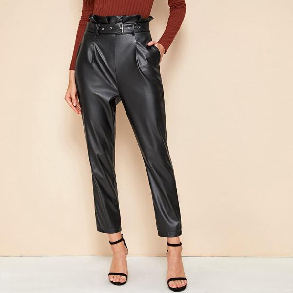 

Paperbag Waist PU Leather Pants, Black