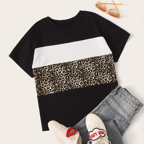 

Cut And Sew Leopard Print Tee, Black