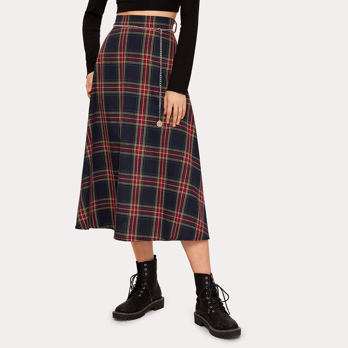 

Tartan Plaid Skirt With Chain, Multicolor