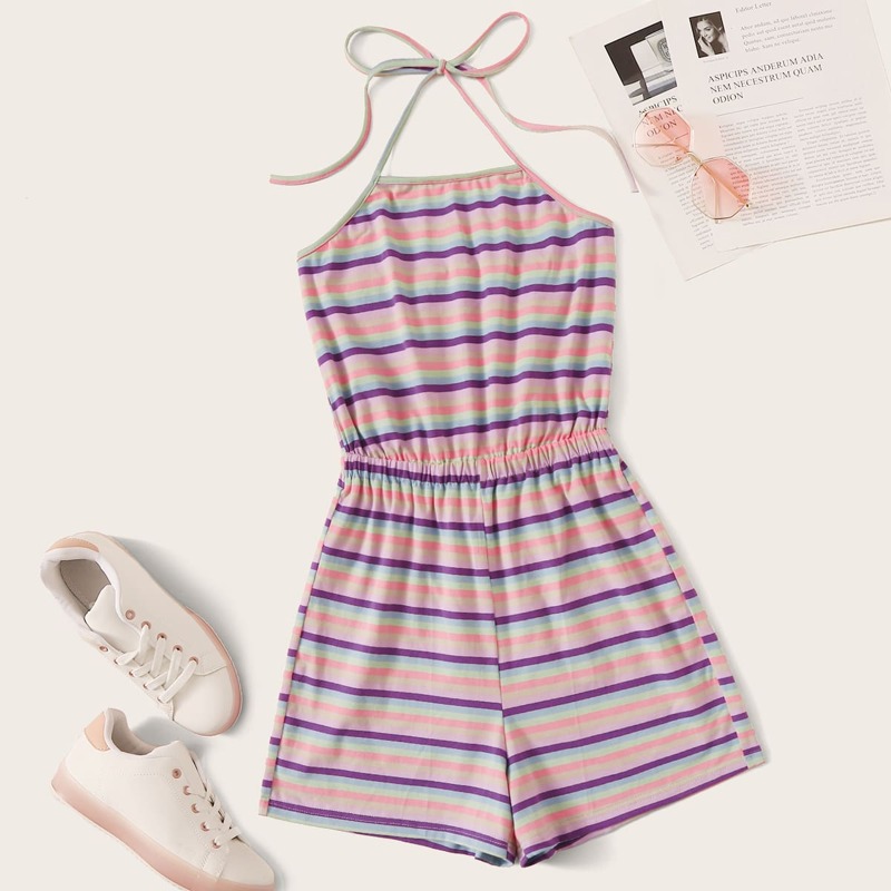 

Multi-stripe Halter Neck Romper, Multicolor
