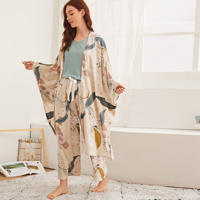

4pack Floral & Crane Print PJ Set & Robe, Multicolor