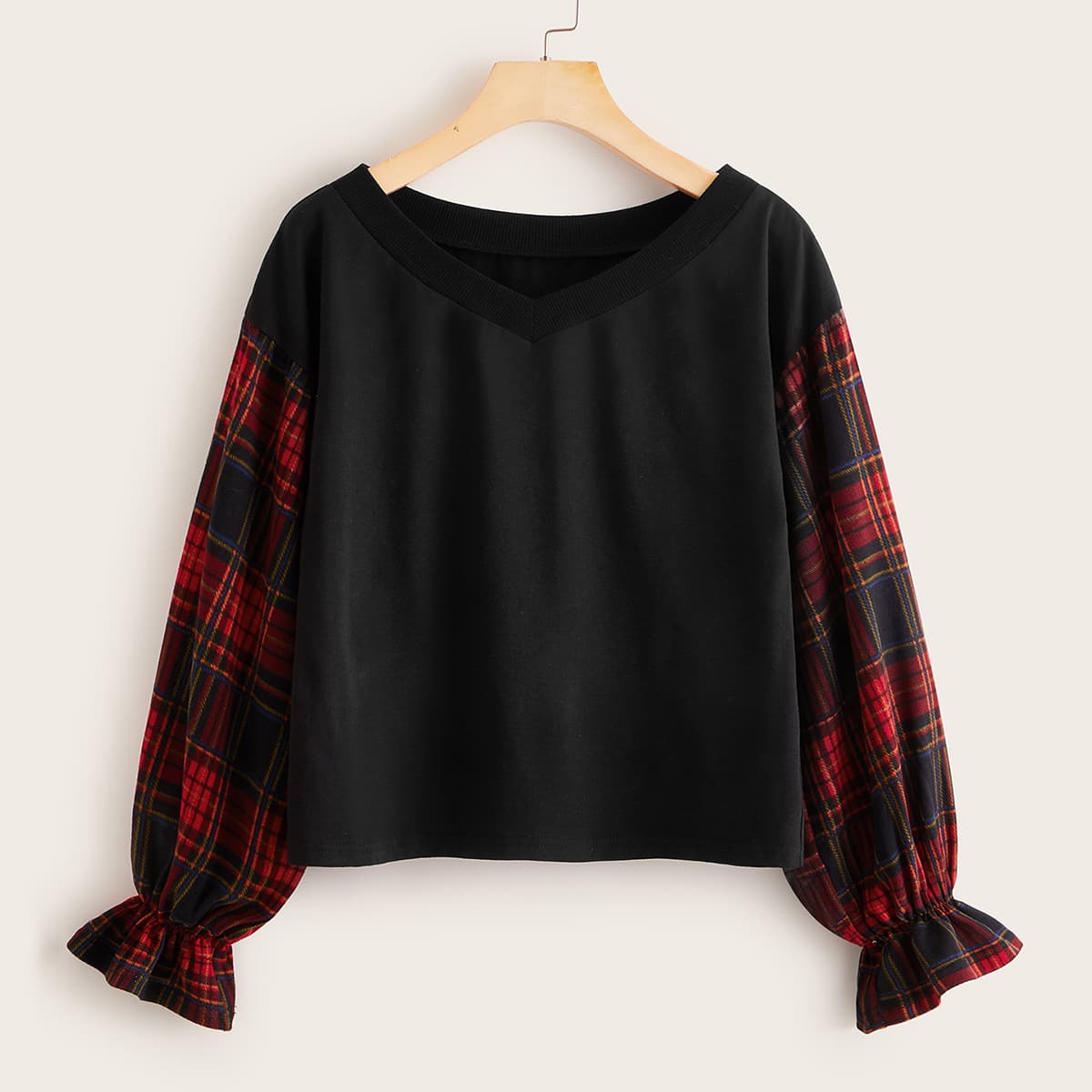 

Tartan Plaid Flounce Sleeve Spliced Tee, Black