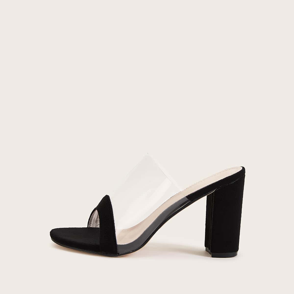 

Suede Panel Open Toe Chunky Heeled Mules, Black