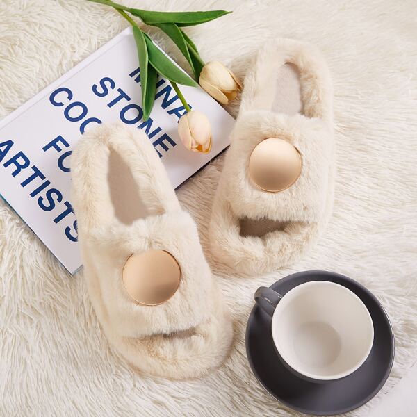 

Metal Decor Open Toe Fluffy Slippers, Beige