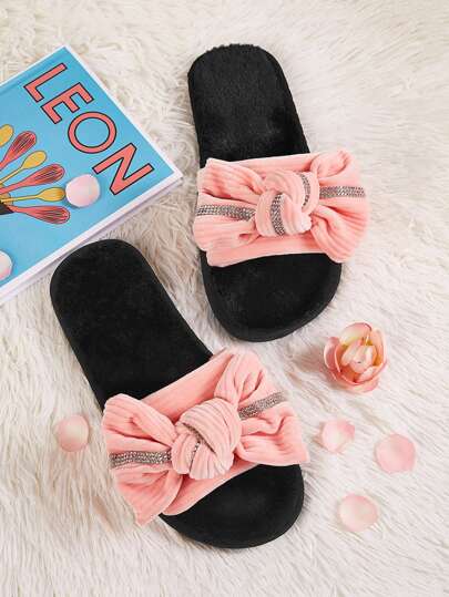 Rhinestone & Bow Decor Open Toe Slippers
