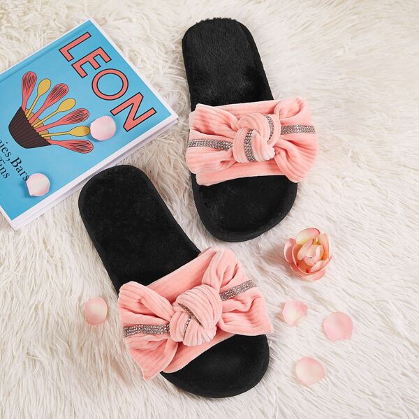 

Rhinestone & Bow Decor Open Toe Slippers, Pink