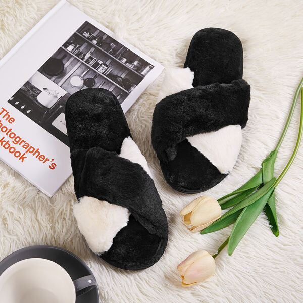 

Two Tone Open Toe Fluffy Slippers, Black and white