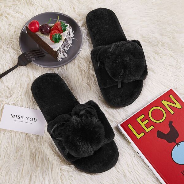 

Pom Pom Decor Open Toe Fluffy Slippers, Black