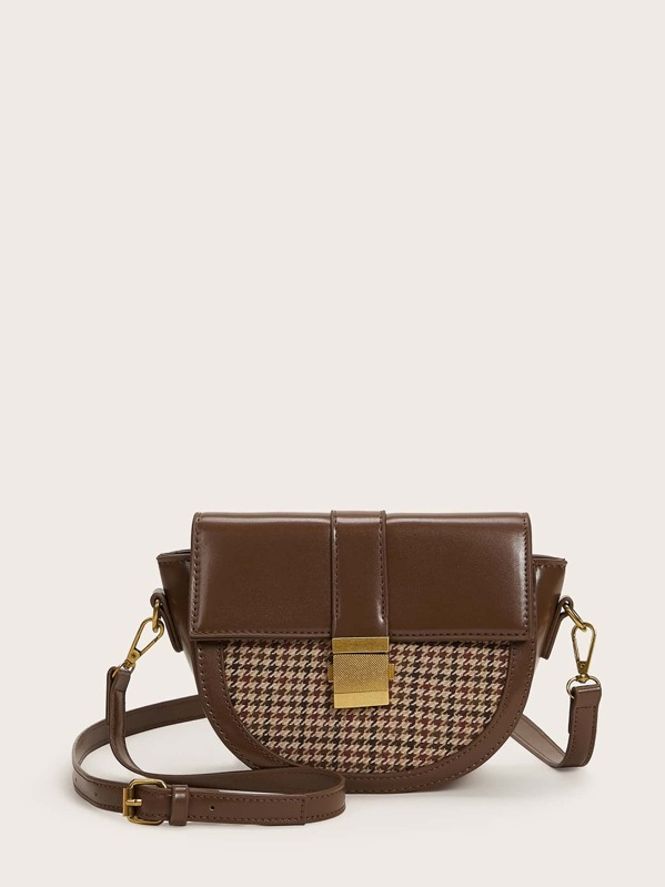 

Metal Lock Houndstooth Flap Crossbody Bag, Brown