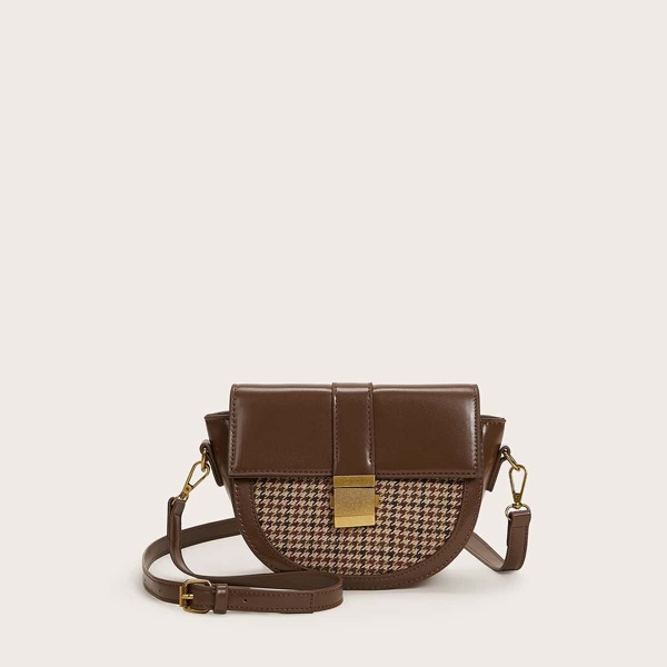 

Metal Lock Houndstooth Flap Crossbody Bag, Brown