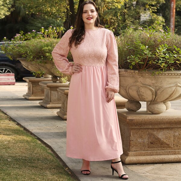 

Plus Square Neck Lace Panel Maxi A-line Dress, Pink