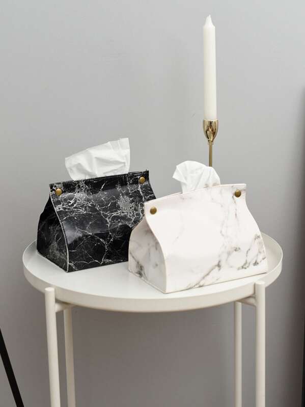 

1pc Marble Pattern Tissue Box, Black and white