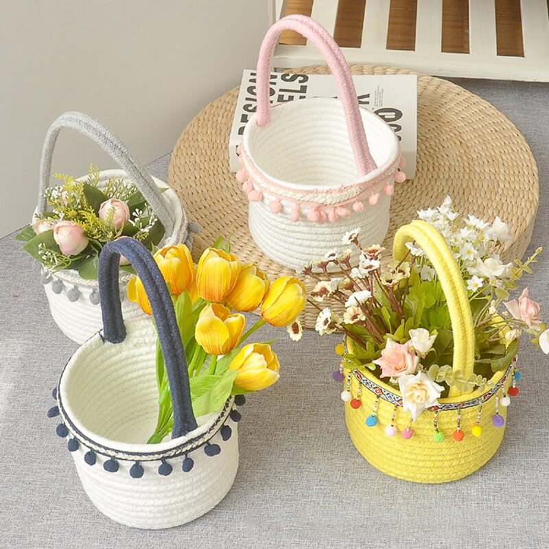 

1pc Pom Pom Decor Braided Basket, Multicolor