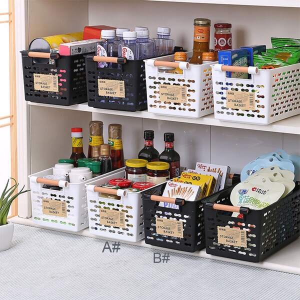 

1pc Plastic Hollow Storage Basket, Black and white