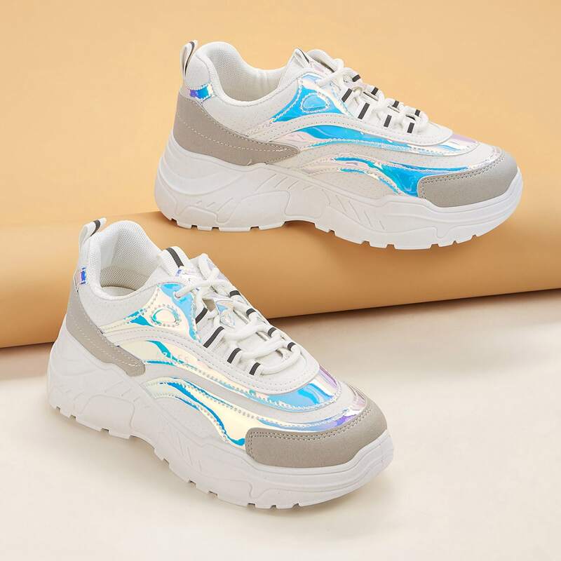 

Holographic Panel Lace-up Front Chunky Sneakers, White