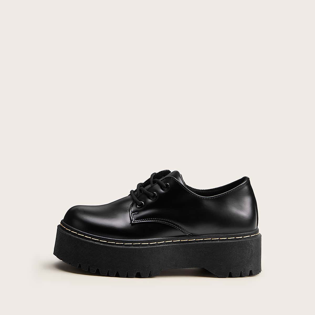 

Lug Sole Lace-up Front Flats, Black